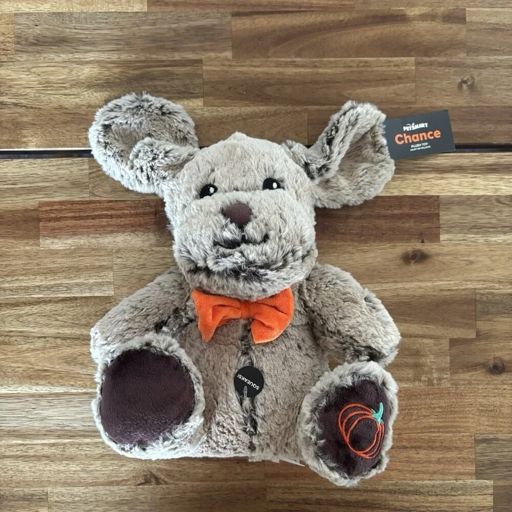 PetSmart Chance Dog Toy Pumpkin Bowtie Brown Puppy Squeaks Plush Floppy Ears NWT